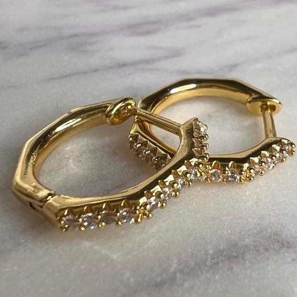 Jewelry - 18k Yellow Gold Plated Over Stainless Steel Zircon Diamond Hoop Earrings!
